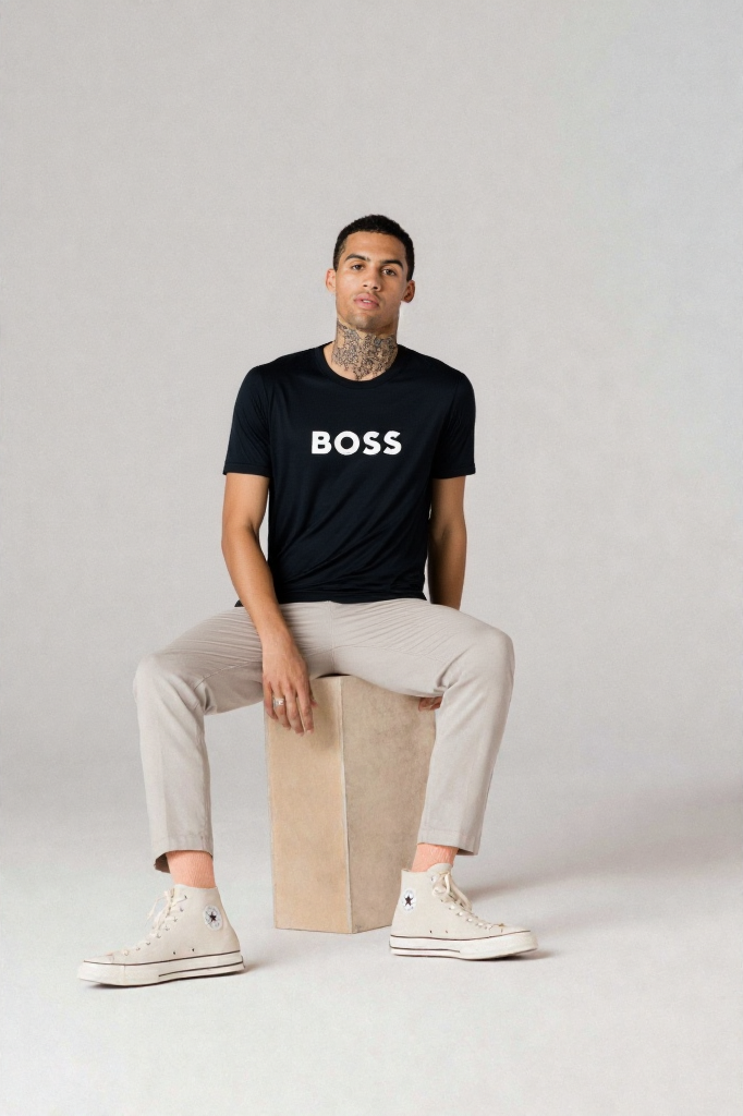Person wearing a black 'BOSS' t-shirt sitting on a beige cube against a plain background