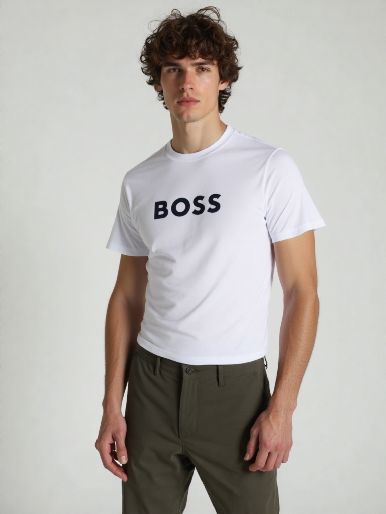 Person wearing a white 'BOSS' t-shirt and green pants on a plain background